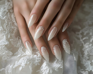 Exquisite French-style nails embellished with delicate details, evoking wedding beauty and romance.