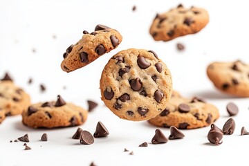 Scattered chocolate chip cookies against a bright white backdrop