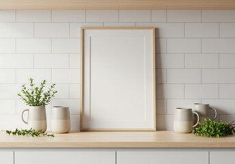 Blank frame mockup on kitchen counter with plants and mugs stock photo
