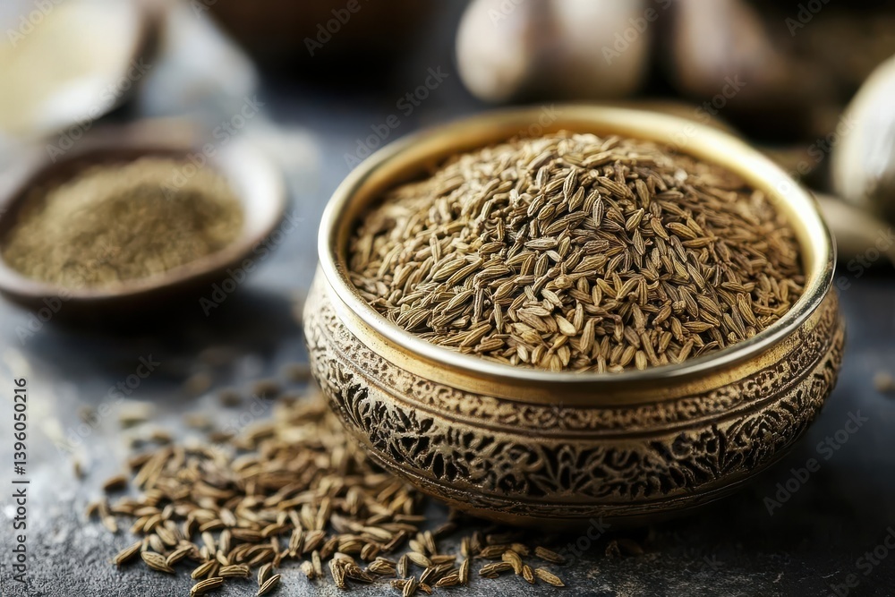 Poster Cumin seeds displayed in an ornate bowl on a dark surface with additional spices in the background