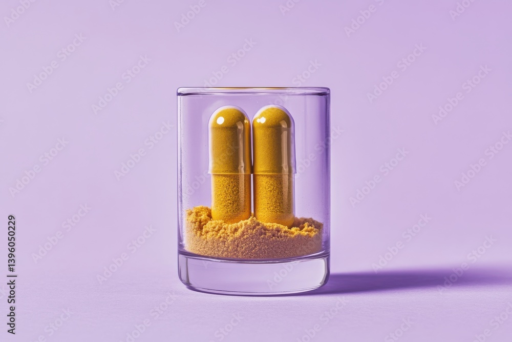 Poster bright yellow capsules resting in fine powdered substance in a clear glass container against a purpl