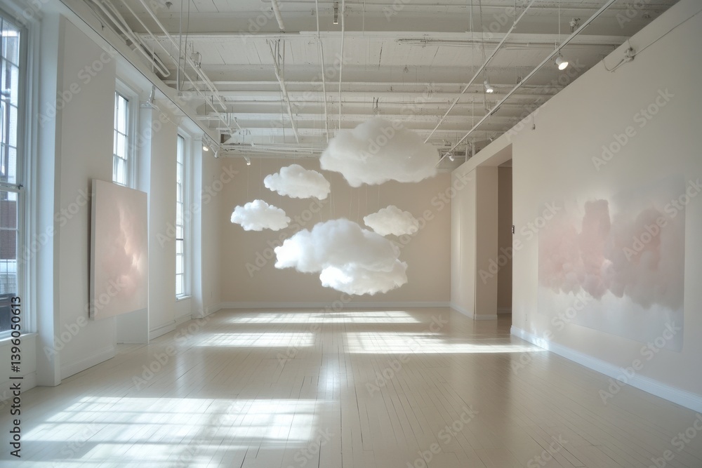 Aufkleber cloud installations create a serene atmosphere in an art gallery showcasing contemporary design and 