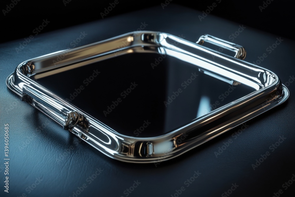 Poster Reflective metallic tray rests on a dark surface highlighting its shiny edges and sleek design for a sophisticated setting