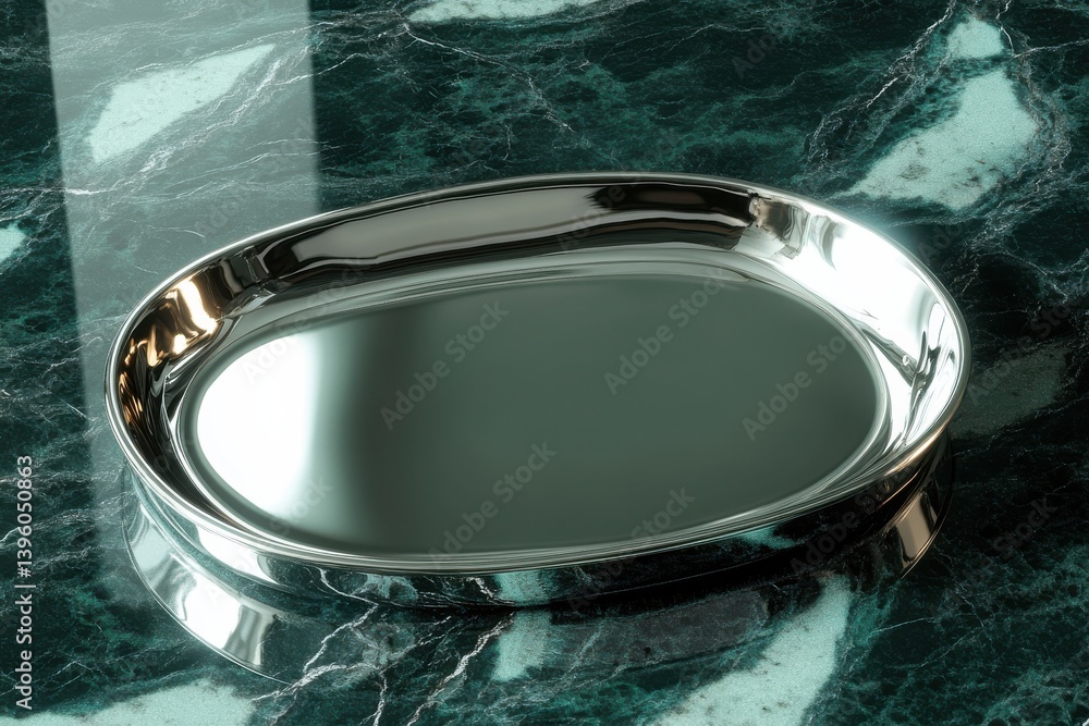 Aufkleber reflective metal tray on green marble surface illuminated by soft light at an elegant setting