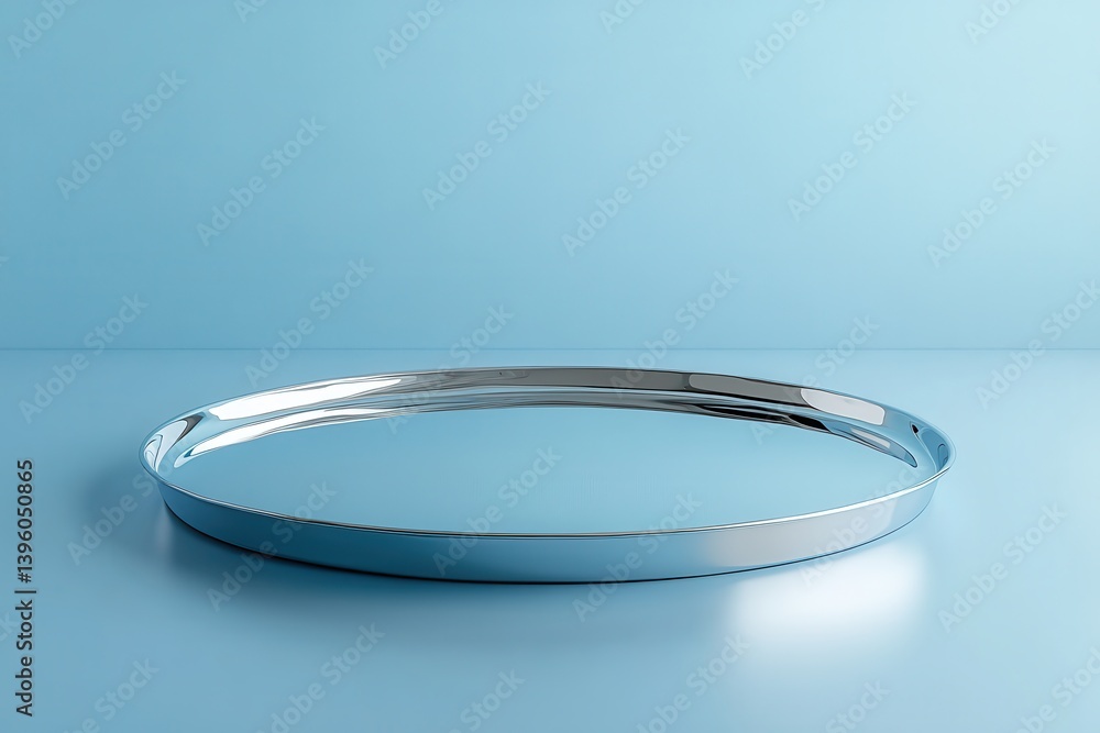 Poster reflective metal tray on a soft blue background showing vibrant visuals and minimalistic design elem