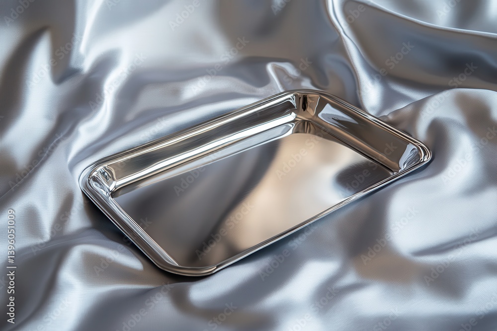 Poster elegant silver tray resting on smooth satin fabric creates a striking visual contrast in texture and