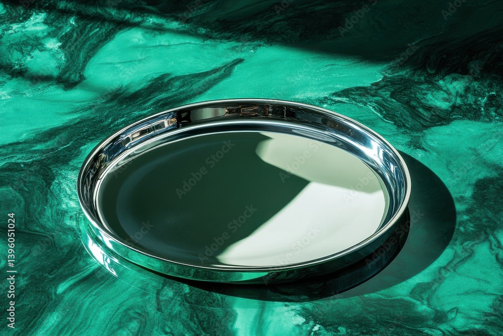 Poster reflective metallic tray on a vibrant green surface highlighting light and texture
