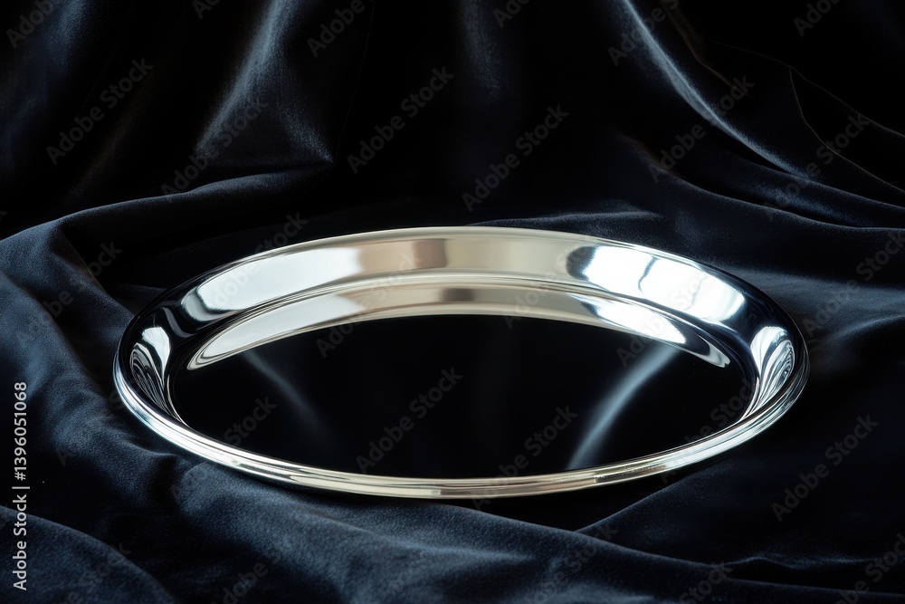 Poster Shiny reflective serving tray placed on dark fabric background with smooth texture