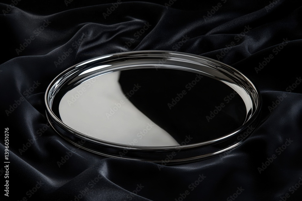 Poster shiny silver tray resting on a dark, elegant fabric background highlighting its reflective surface