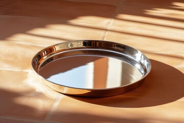 Reflective metallic tray resting on a warm terracotta surface in bright sunlight