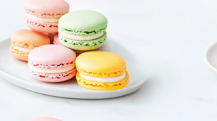 Obraz premium A white plate, bearing macaroons, stands beside a cup of coffee and an adjacent plate of macaroons
