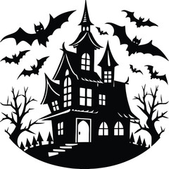 Spooky House Silhouette with Bats, Old Style Building, Bare Trees, Black and White Design