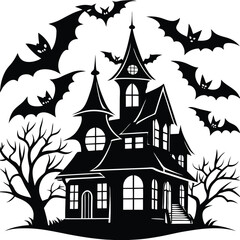 Spooky House Silhouette with Bats and Bare Trees, Black and White Design