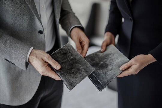Two businesspeople compare dark gray fabric swatches, examining texture and color for design selection. - Powered by Adobe