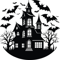 Spooky Mansion Silhouette, Black and White Design with Bats, Trees and a Full Moon