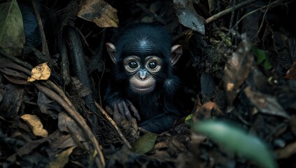 Adorable Baby Bonobo Peeking Out From Forest Floor Leaves and Branches