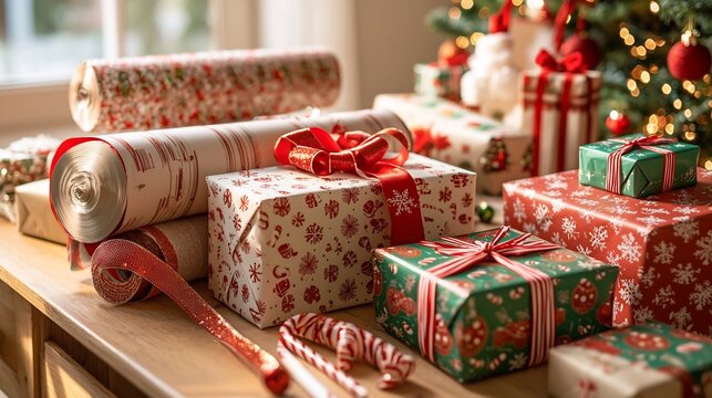 Christmas gift wrapping station cozy home setup ribbon wrapping paper holiday themed gift boxes festive workspace warm creative ambiance