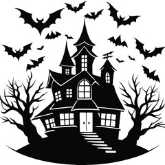 Spooky Haunted House Silhouette with Bats Flying Around, Trees on Isolated White