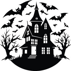 Spooky Silhouette Haunted House, Bats Flying, Dead Trees, Monochrome Scary Design