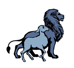 Vector drawing. Lion and lamb walks together