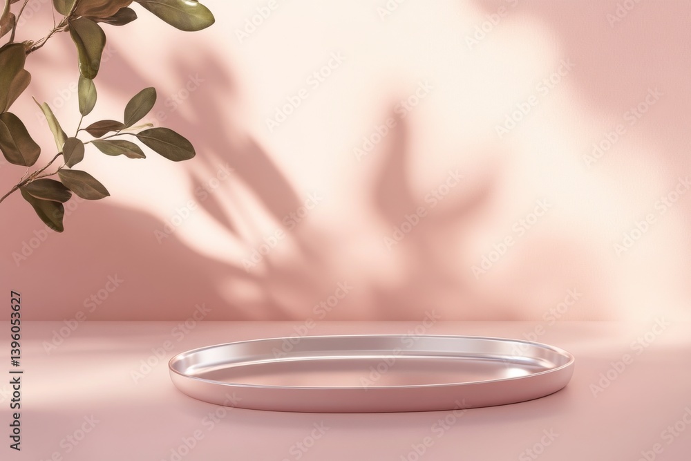 Aufkleber Soft shadows dance on a pink surface with a metallic tray and green foliage in a serene setting