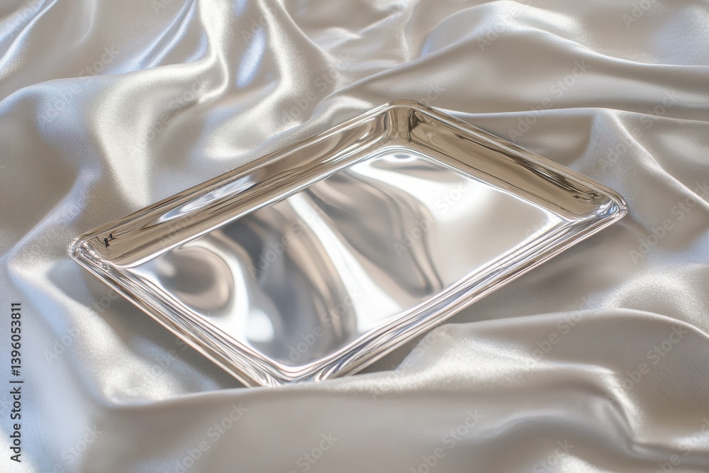 Poster Silver tray resting on smooth satin fabric in a softly lit room creating an elegant atmosphere