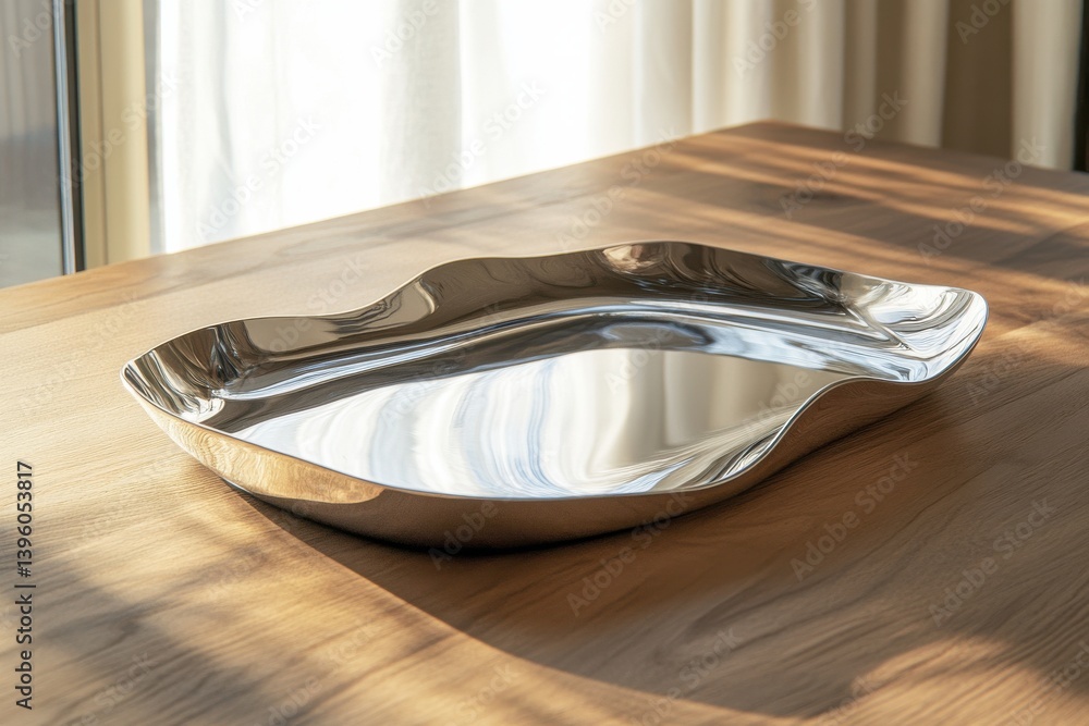 Poster Sleek metallic serving tray rests on a wooden table with natural light casting soft shadows in a modern interior setting