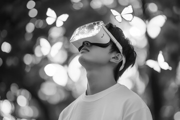 A young man experiences virtual reality, surrounded by bokeh and butterflies, creating a serene and futuristic atmosphere.
