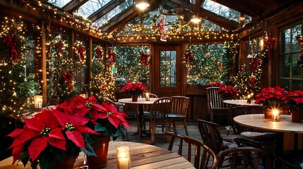 Christmas greenhouse cafe warm rustic wooden interior potted poinsettia twinkling fairy lights cozy candle lit tables enchanting holiday ambiance