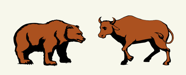Vector drawing. Big cow and bear