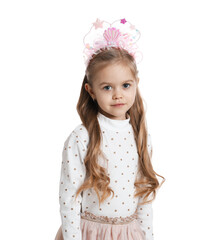 Cute little girl with beautiful headband on white background