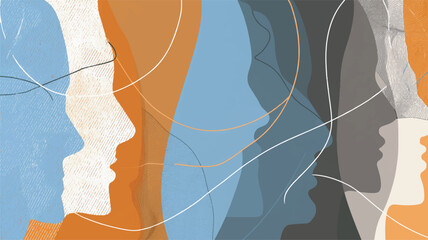 Abstract faces overlap creating muted colorful background illustration