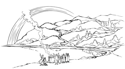 Vector drawing. Noah Offers a Sacrifice to God