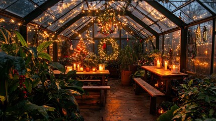 Christmas greenhouse interior twinkling fairy light lush winter plants rustic wooden benches warm candlelit glow cozy holiday garden retreat