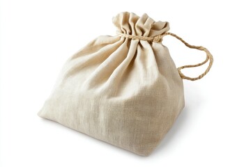 Beige Fabric Drawstring Bag Isolated on White Background for Mockup