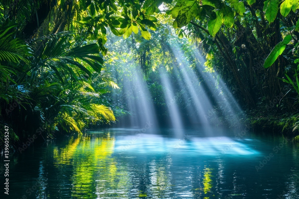 Poster sunlight streams through jungle canopy onto calm river for an ethereal view