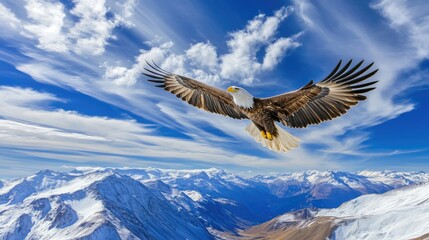 Majestic animal soaring with wings spread over snow-capped mountains against a bright blue sky with fluffy white clouds.