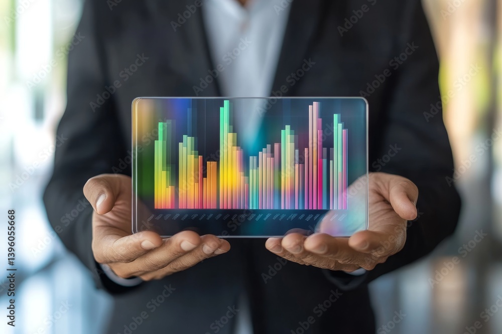 Poster businessman analyzing house energy performance chart with color scale on transparent display
