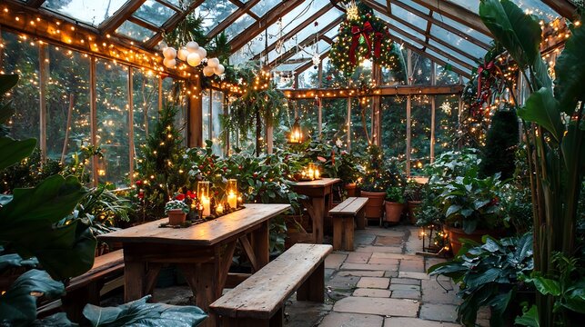 Christmas greenhouse interior twinkling fairy light lush winter plants rustic wooden benches warm candlelit glow cozy holiday garden retreat