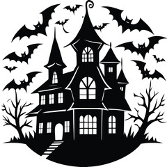 Spooky House Silhouette, Bats Flying, Bare Trees, Cemetery Cross, Dark, Black and White