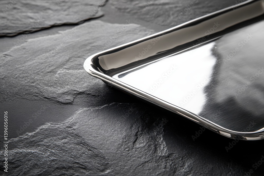 Poster elegant stainless steel tray rests on textured slate surface, reflecting light in a subtle setting