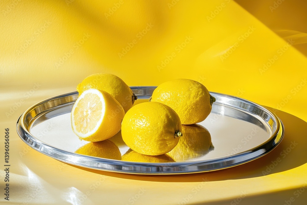 Poster bright yellow lemons on a reflective tray with a vibrant background showcasing freshness and simplic