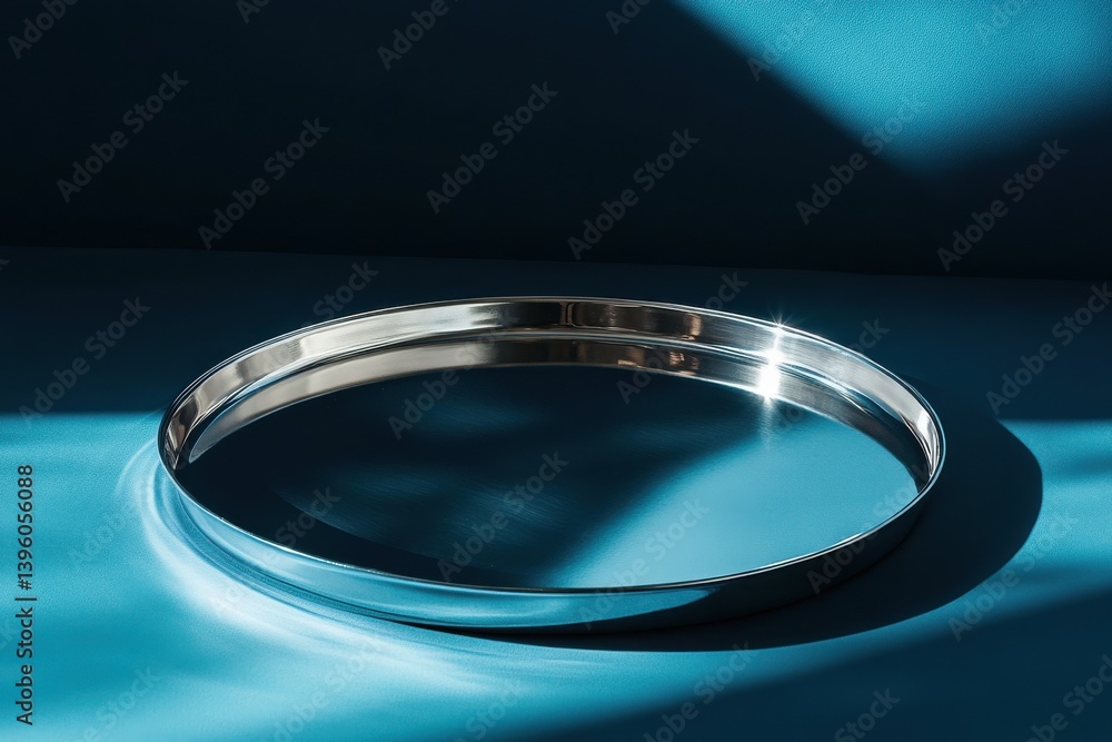 Poster Shiny silver tray on blue surface with soft shadows highlighting its sleek design and polished finish