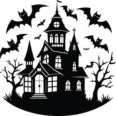 Spooky Old House Silhouette With Bats Flying Around the Moon and Bare Trees Design
