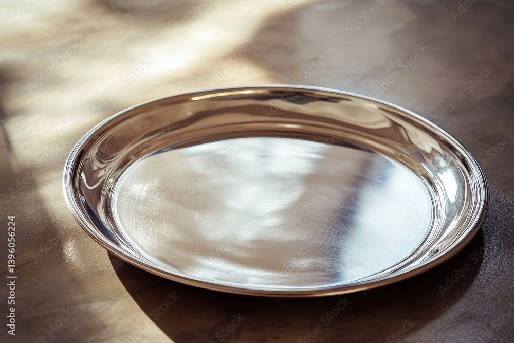 Poster simple silver serving tray rests on a wooden table with soft light reflecting off its surface