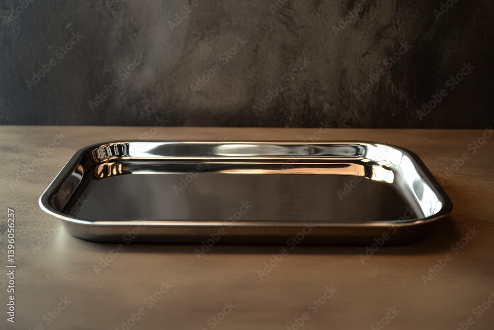 Poster shiny metal tray on wooden surface with dark background showcasing modern design in minimalistic set