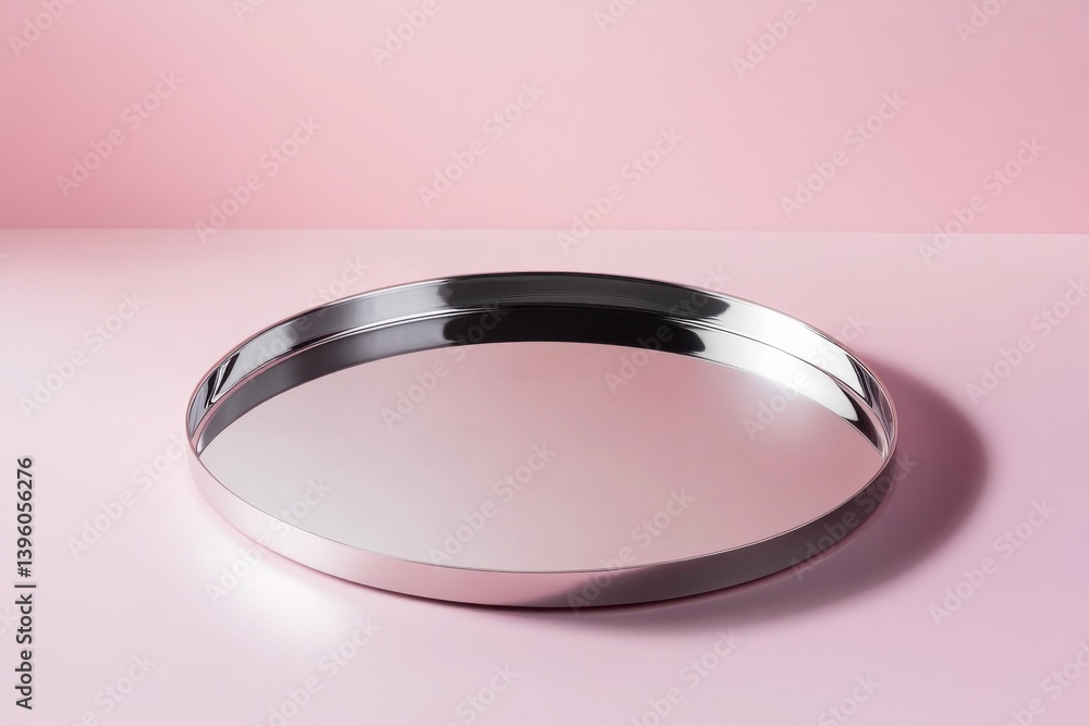 Poster circular metal tray on a pink surface reflecting light in a soft, minimalistic setting