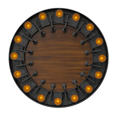 Wood and Metal Circular Label Frame with Orange Lights in 3D Render
