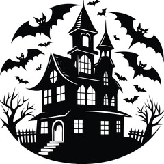 Spooky House Silhouette with Bats, Bare Trees, Moon, and Dark Shadow for Halloween