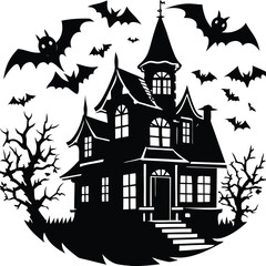 Spooky Mansion Silhouette with Bats & Bare Trees Detailed Black and White